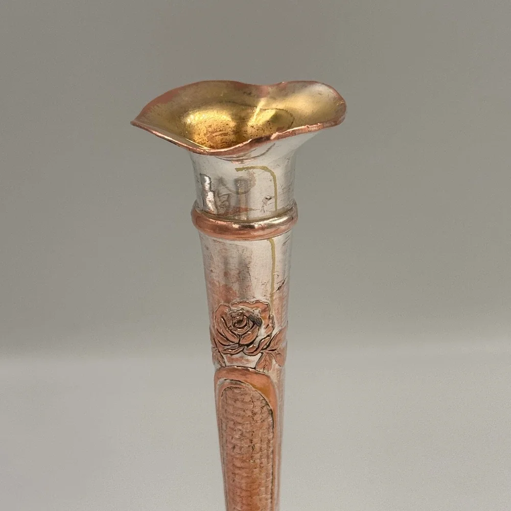 Vintage Art Nouveau Mixed Metal Bud Vase Floral Rose Iris Embossed 6 in